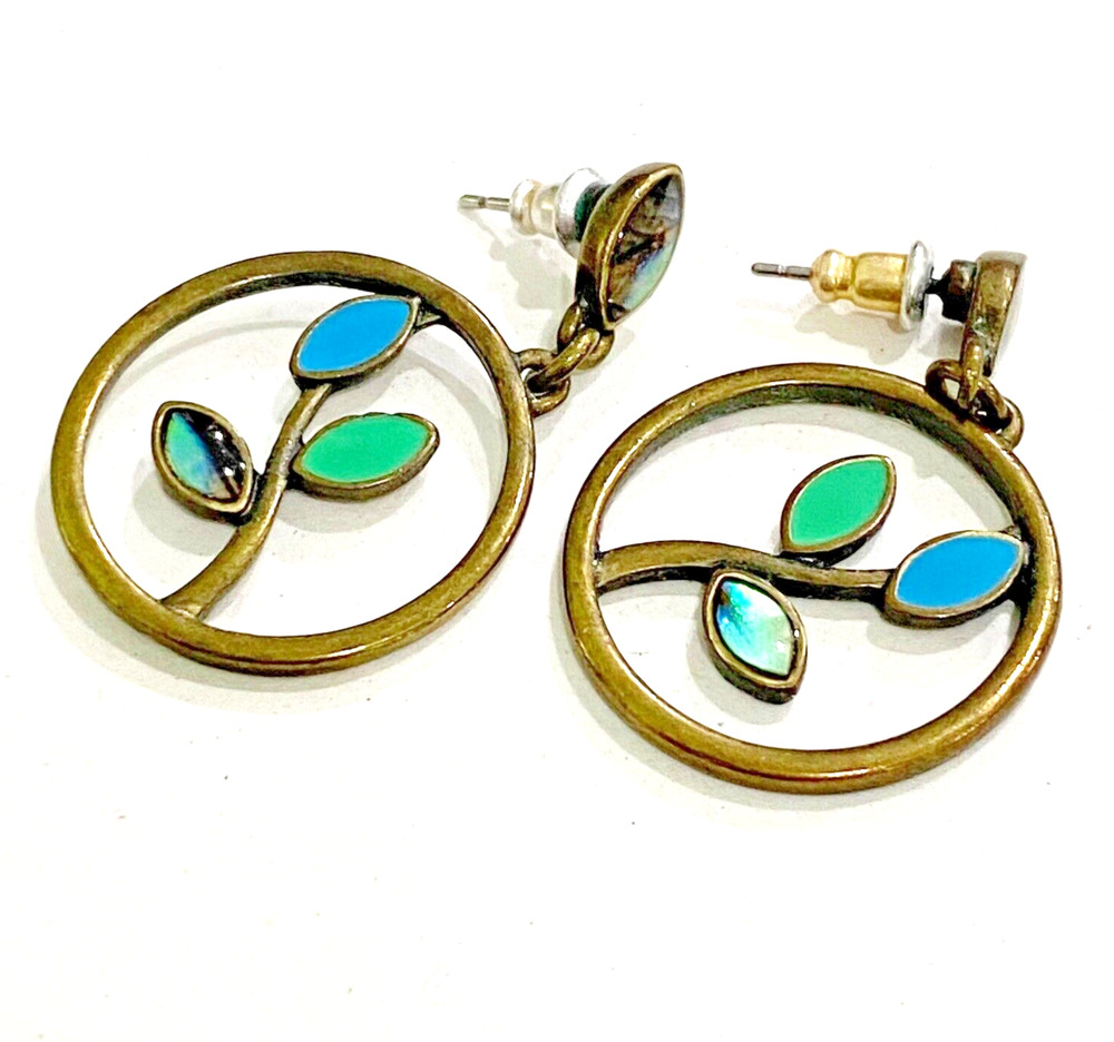 Boho pierced earrings vintage hippie chic floral gold blue green abalone beachy